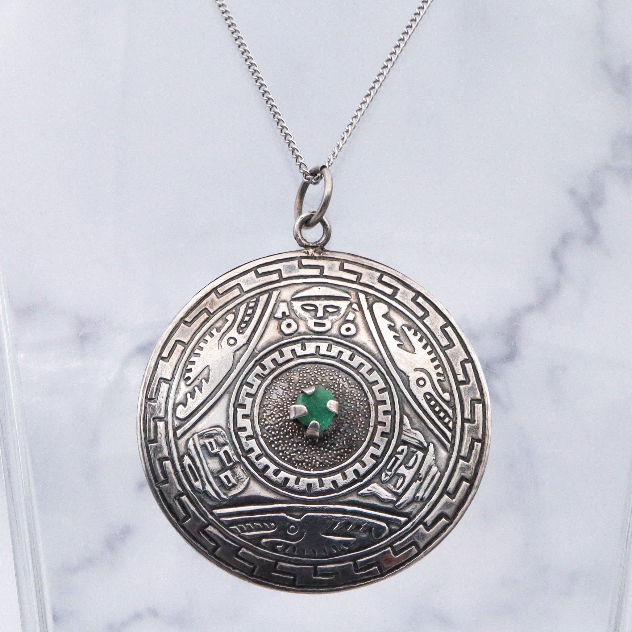Vintage Peruvian sterling silver raw emerald pendant medallion